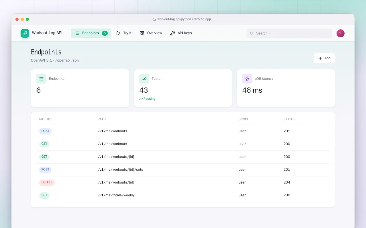Workout Log API (Python): the Endpoints screen