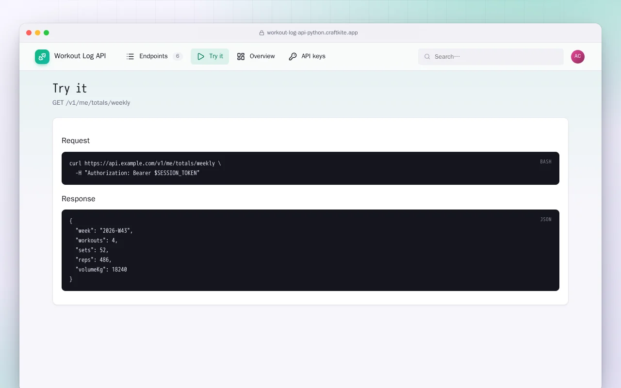 Workout Log API (Python): the Try it screen