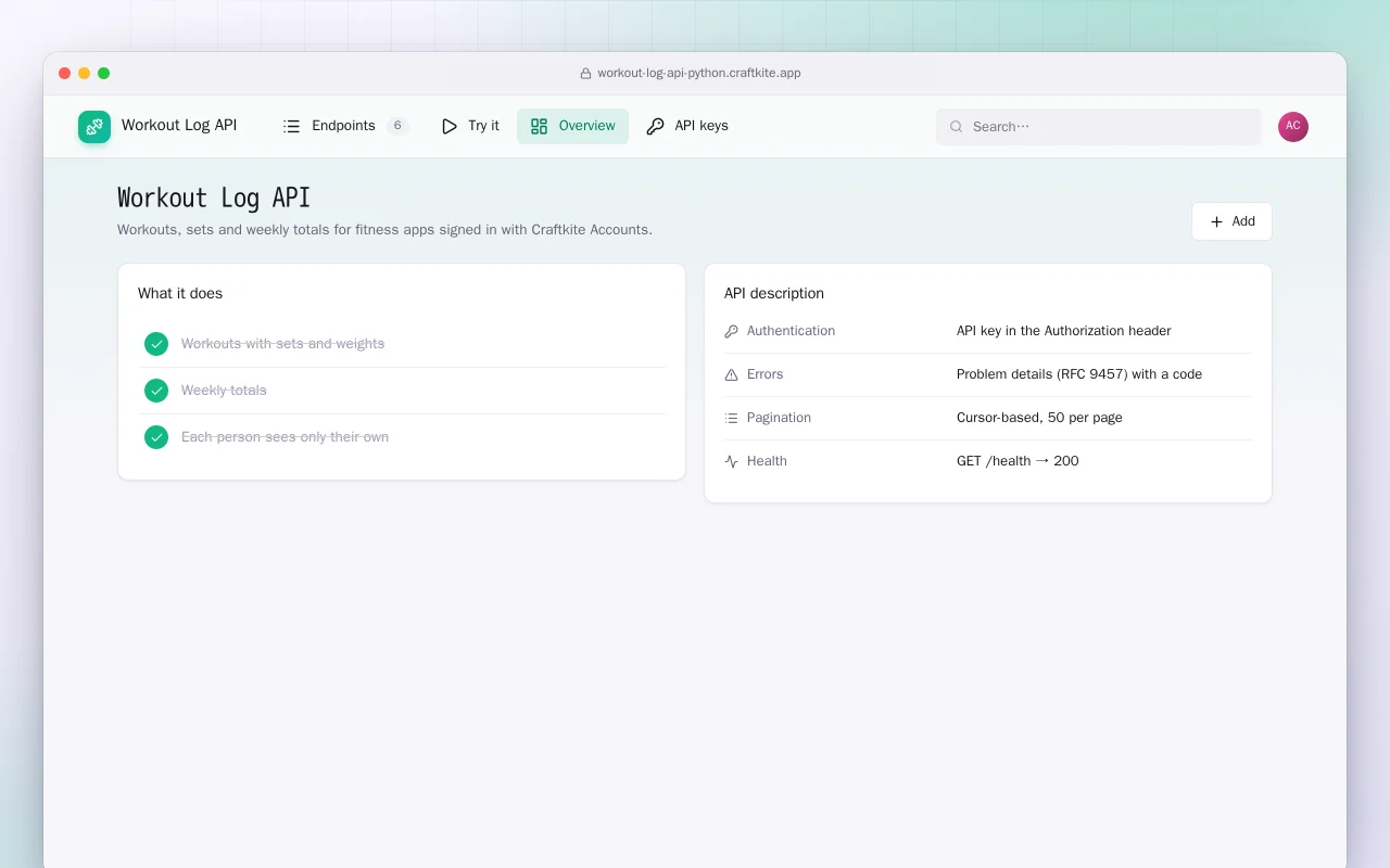 Workout Log API (Python): the Workout Log API screen