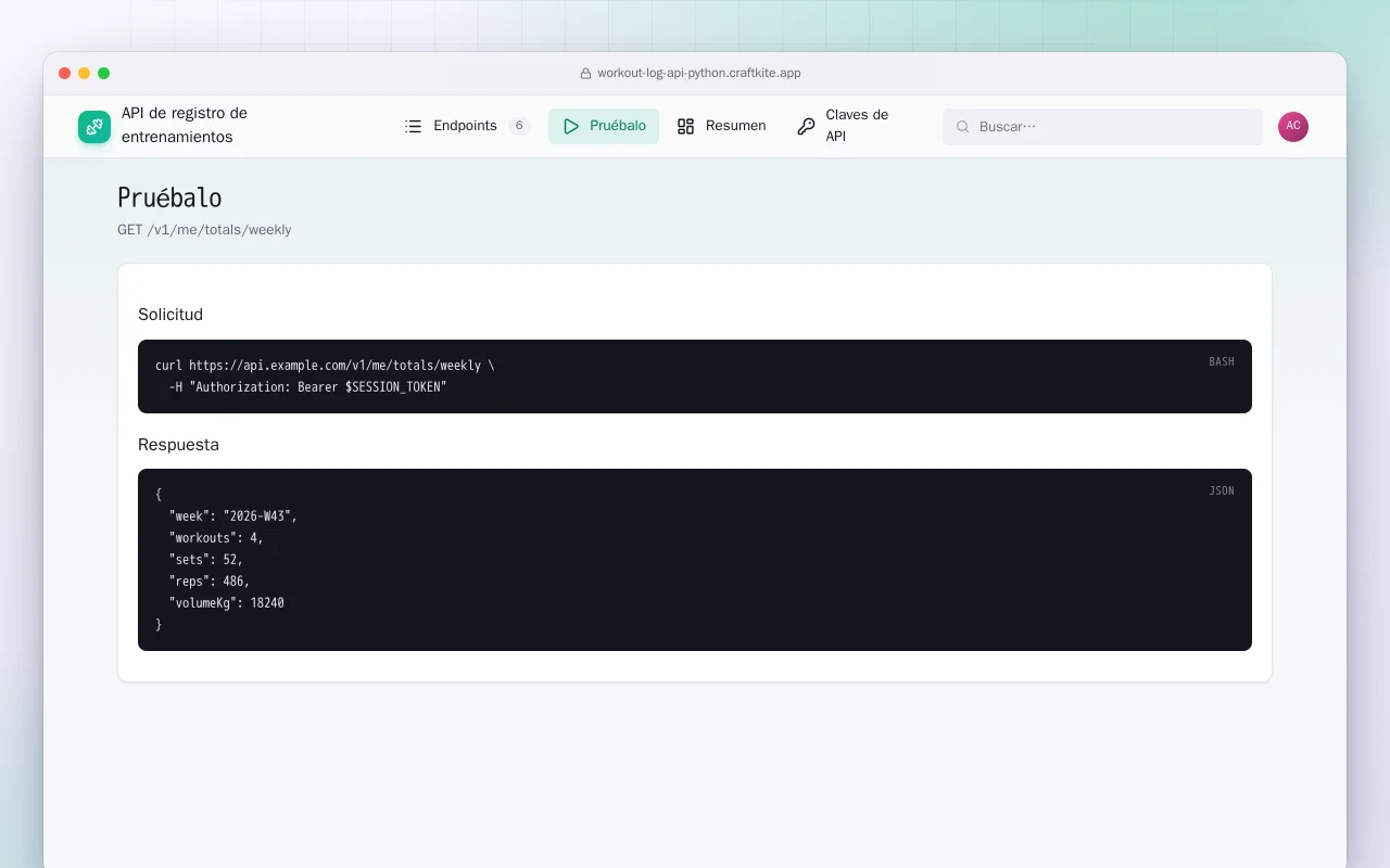 API de registro de entrenamientos (Python): la pantalla Pruébalo