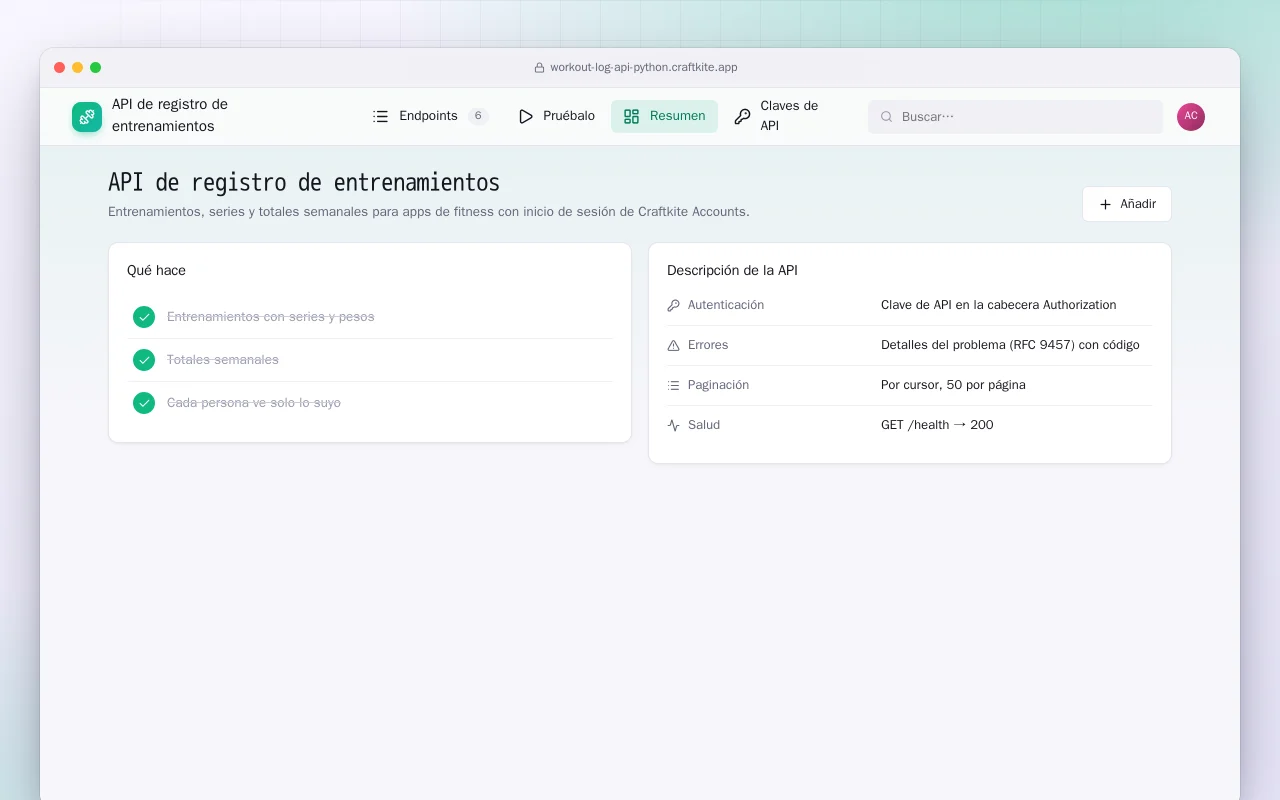 API de registro de entrenamientos (Python): la pantalla API de registro de entrenamientos