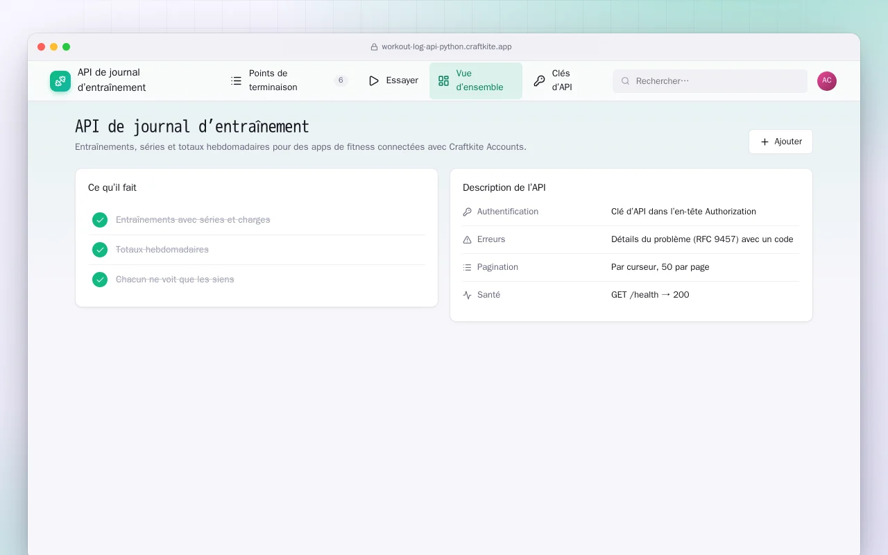 API de journal d’entraînement (Python) : l’écran API de journal d’entraînement