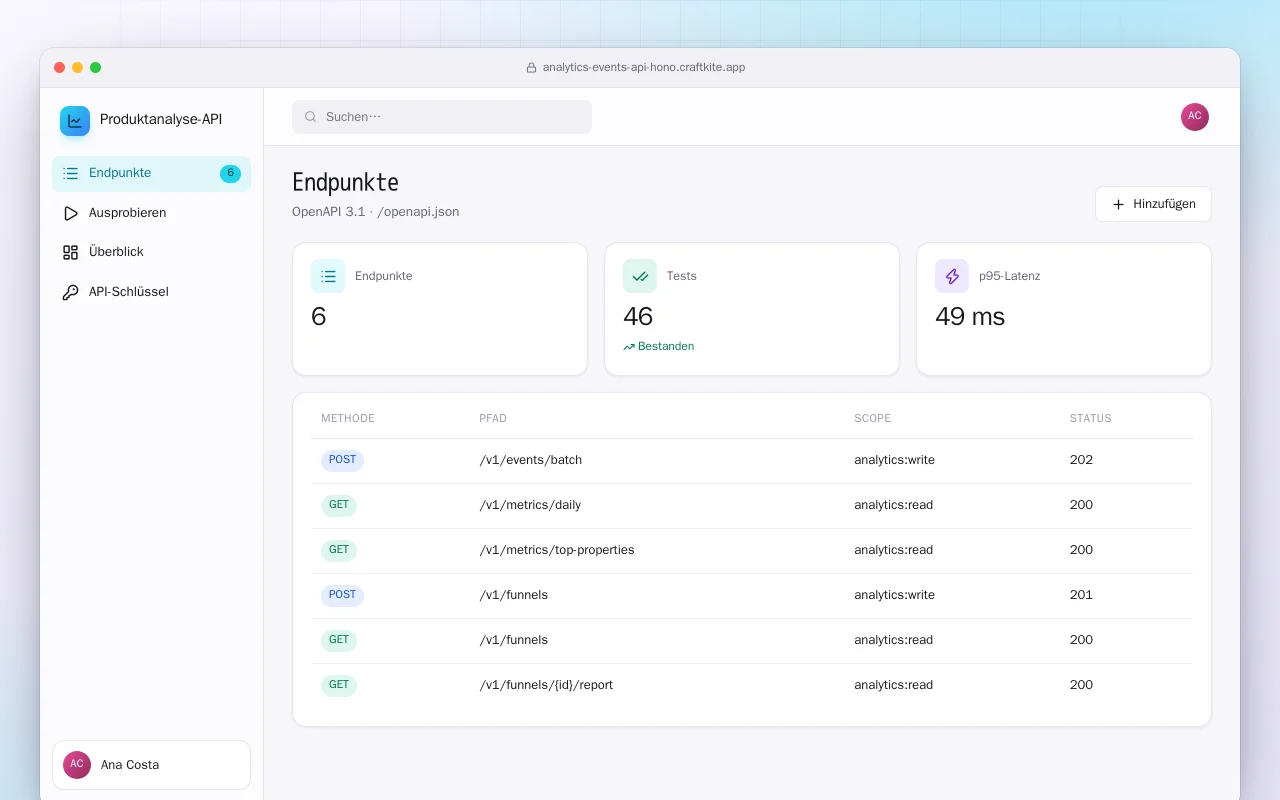 Produktanalyse-API: der Bildschirm „Endpunkte“