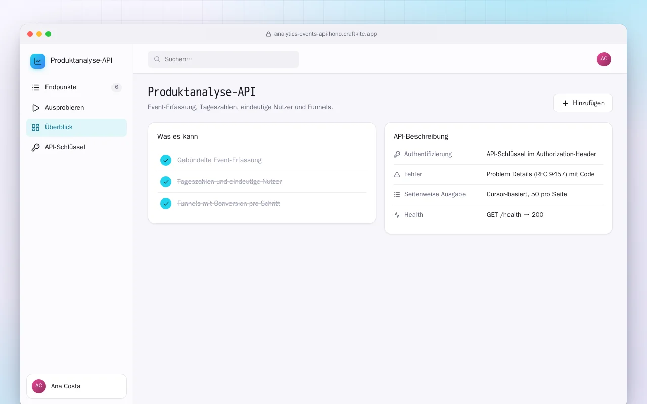 Produktanalyse-API: der Bildschirm „Produktanalyse-API“