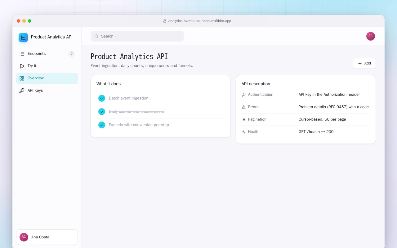 Product Analytics API: the Product Analytics API screen