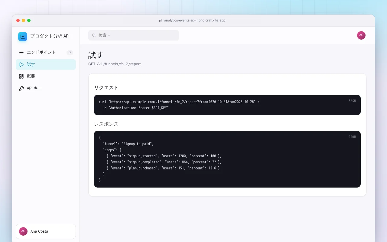 プロダクト分析 API：試す画面