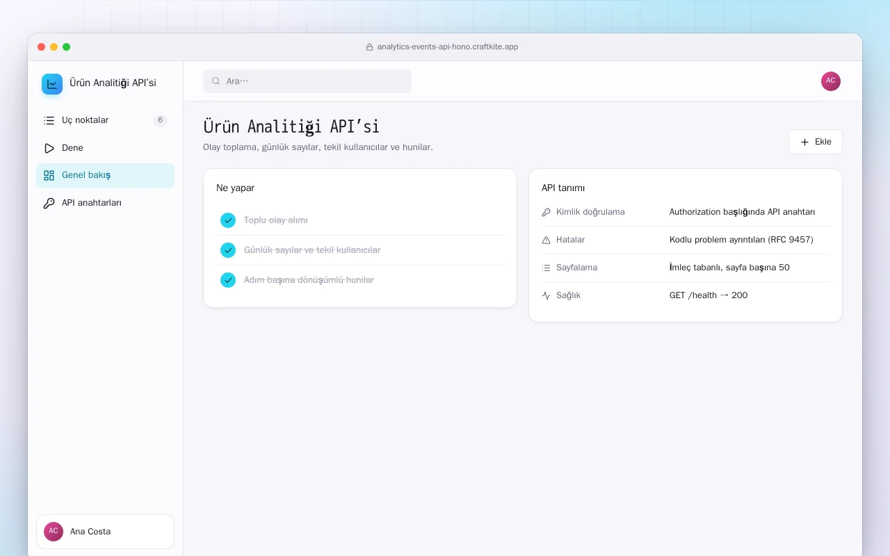 Ürün Analitiği API’si: Ürün Analitiği API’si ekranı