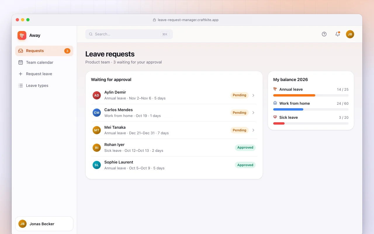 Leave request manager: the Leave requests screen