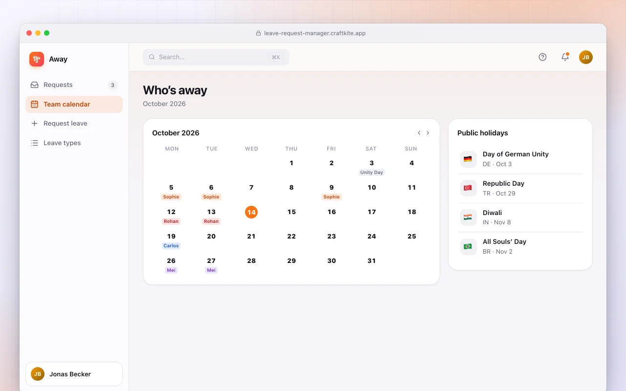 Leave request manager: the Who’s away screen
