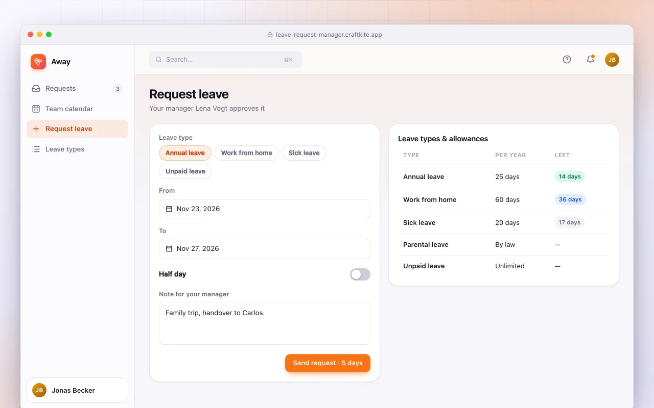 Leave request manager: the Request leave screen