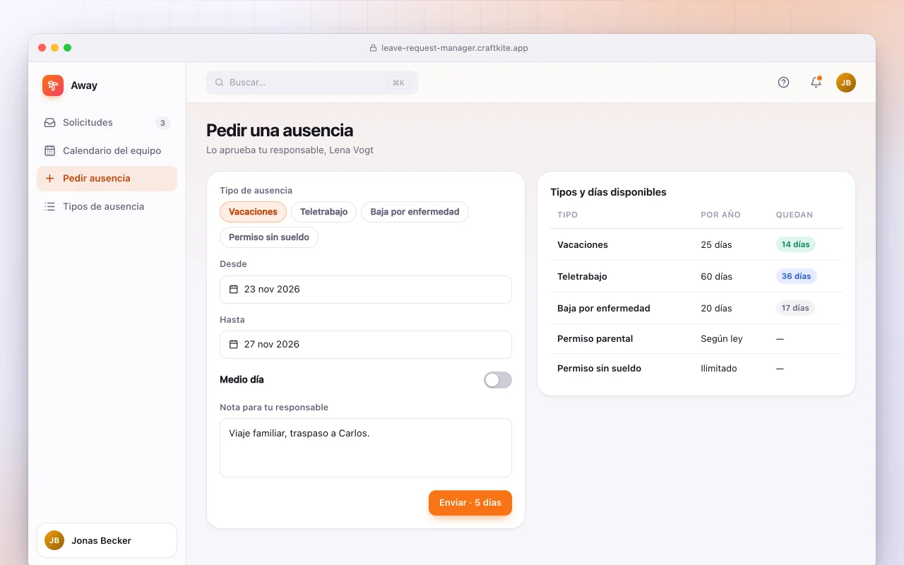 Gestor de ausencias: la pantalla Pedir una ausencia