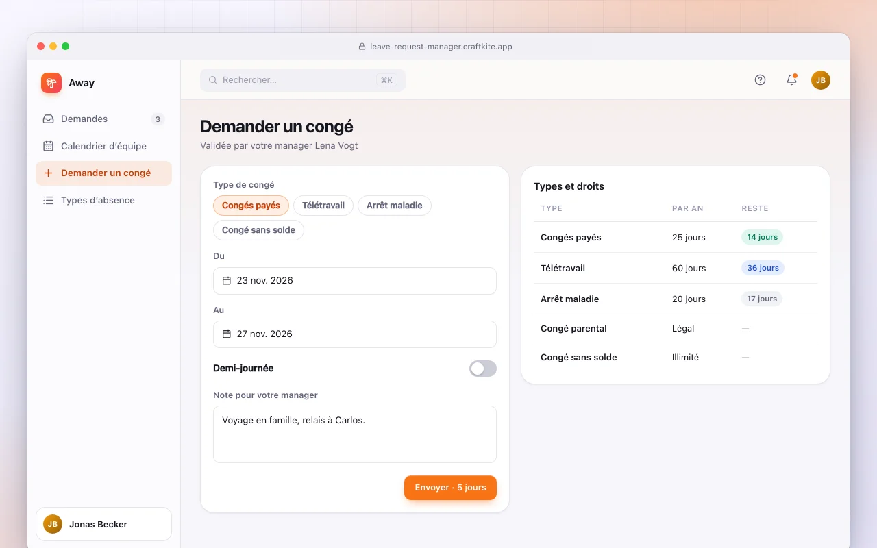 Gestion des demandes de congé : l’écran Demander un congé
