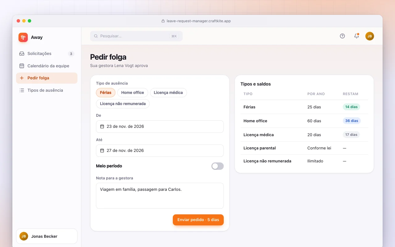 Gestão de pedidos de folga: a tela Pedir folga