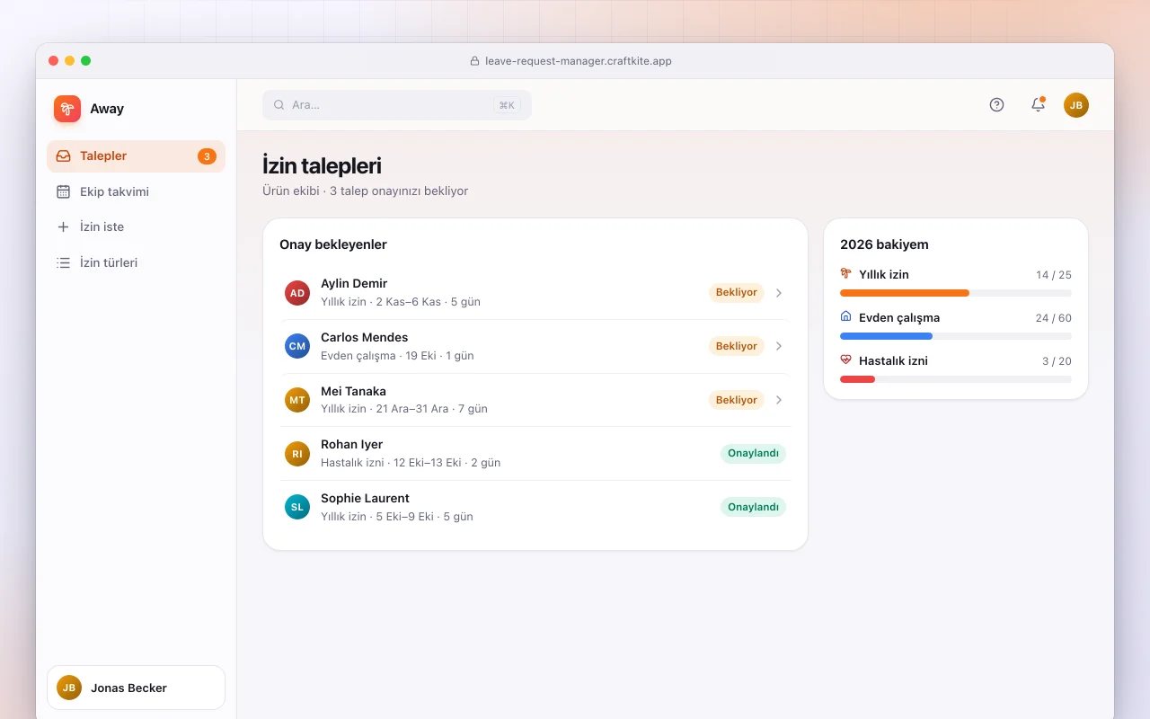 İzin talebi yöneticisi: İzin talepleri ekranı