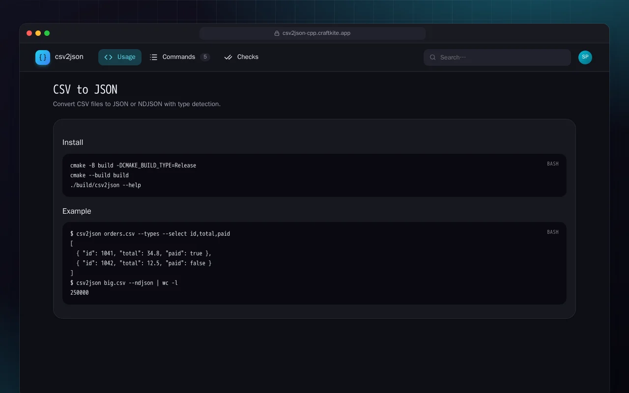 CSV to JSON (C++): the CSV to JSON screen