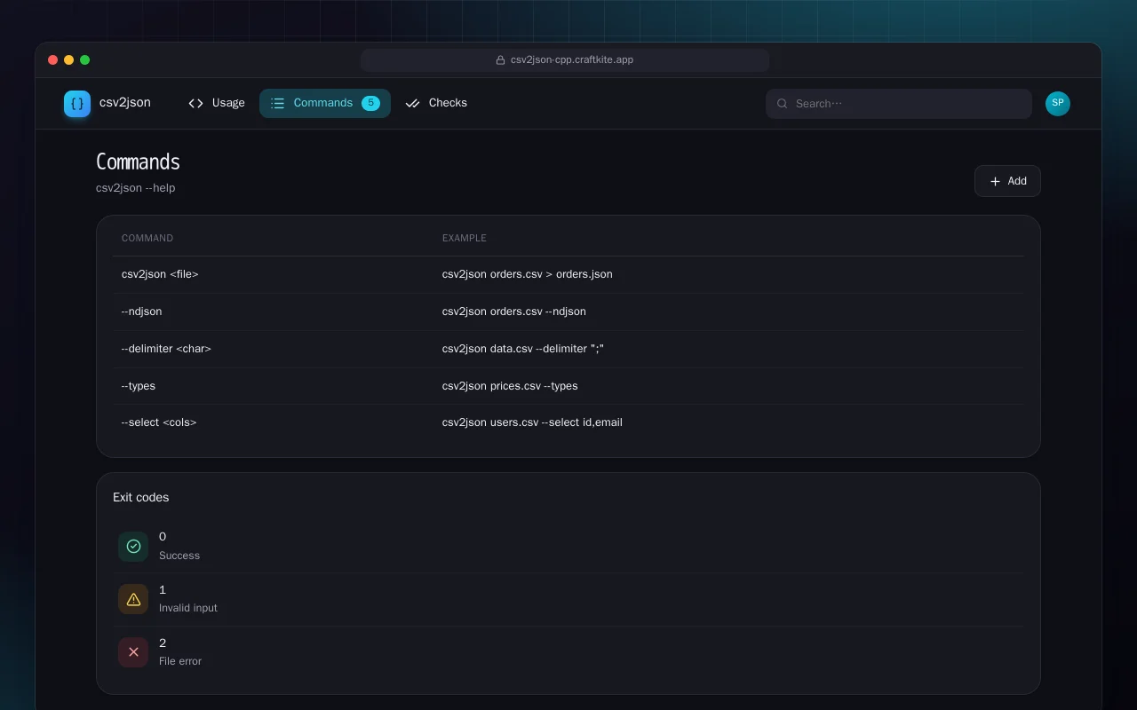 CSV to JSON (C++): the Commands screen