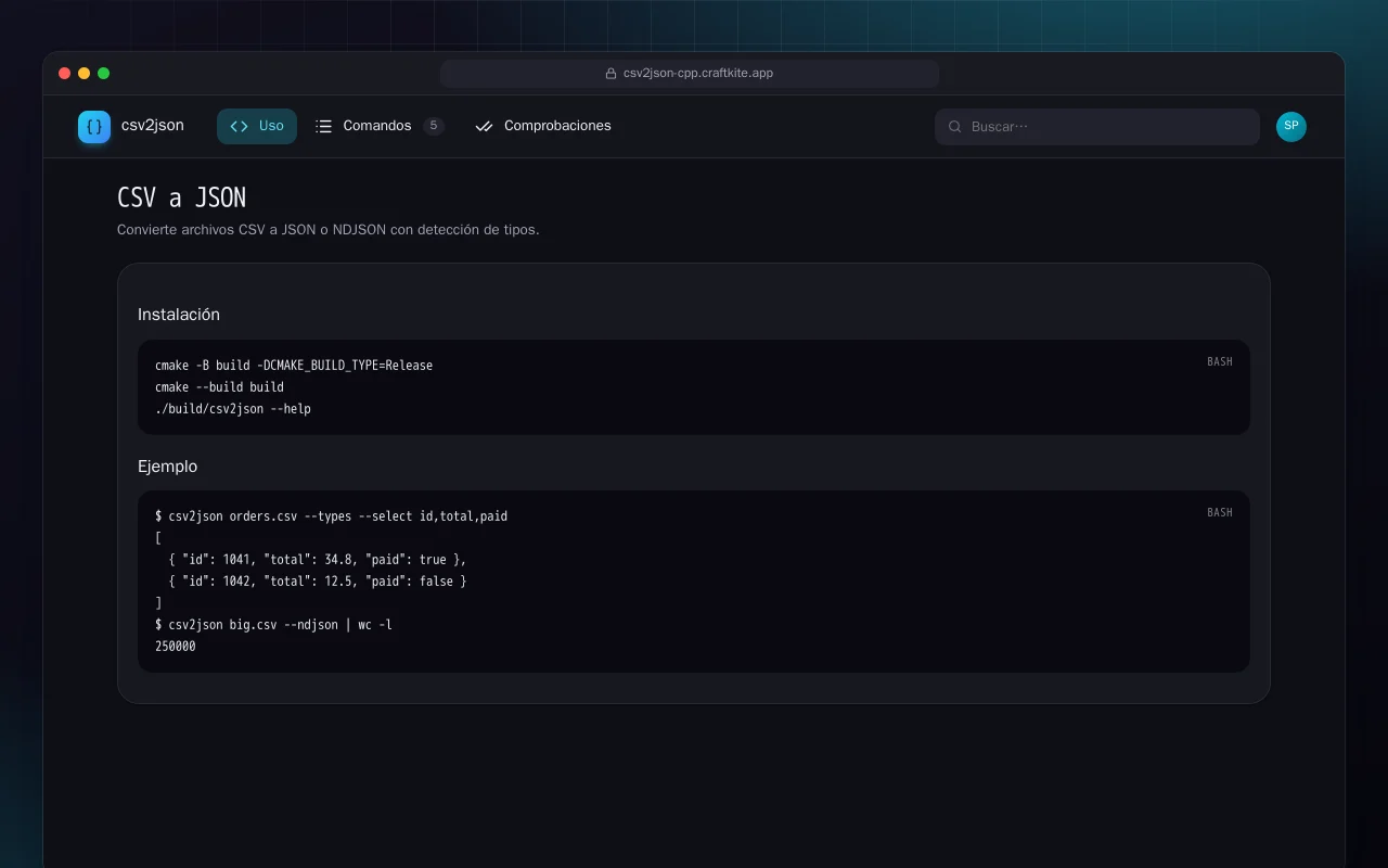CSV a JSON (C++): la pantalla CSV a JSON