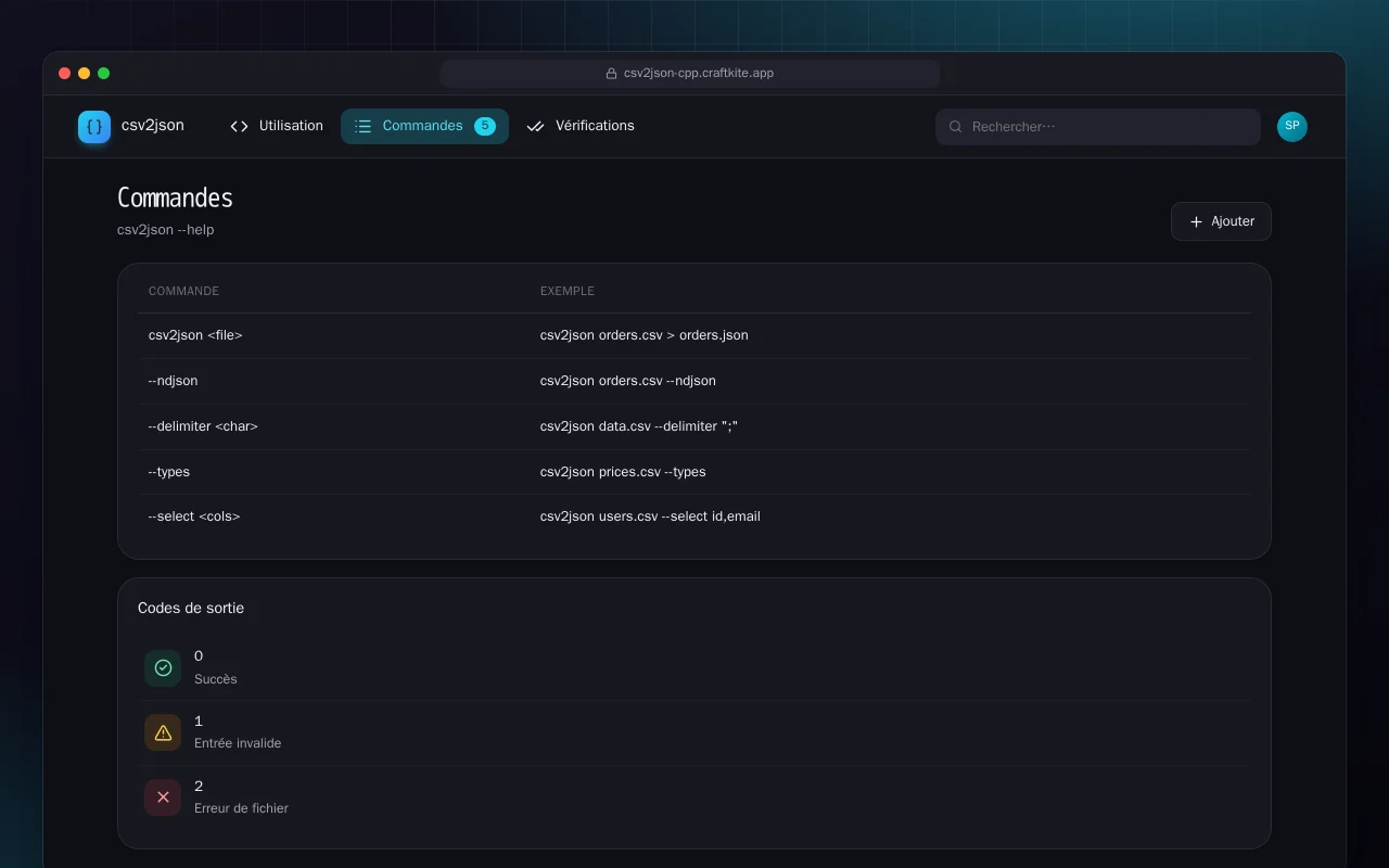 CSV vers JSON (C++) : l’écran Commandes