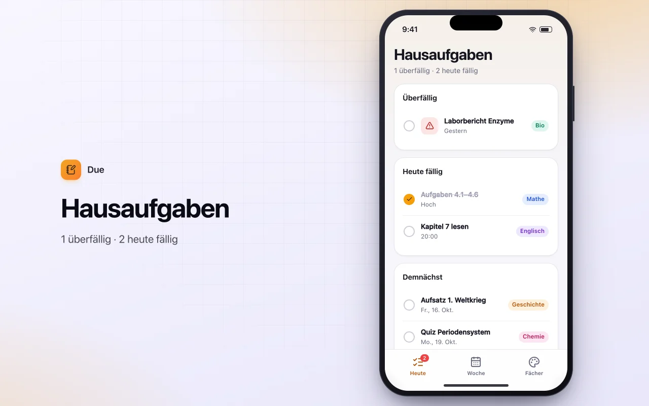 Hausaufgabenplaner: der Bildschirm „Hausaufgaben“
