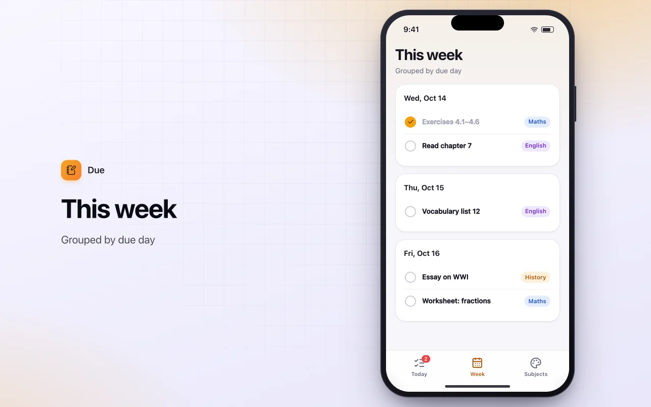 Homework planner: the This week screen
