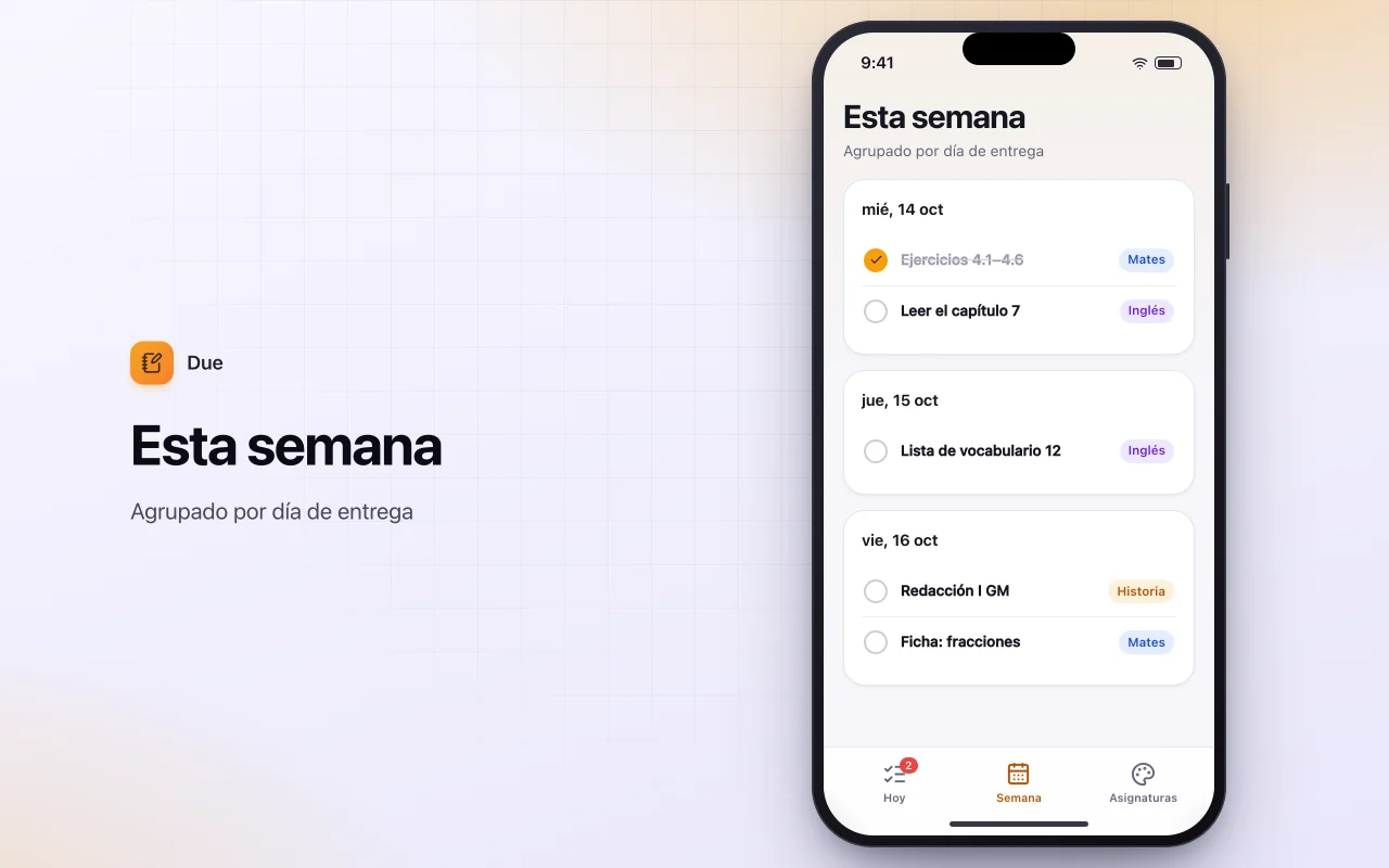 Agenda de deberes: la pantalla Esta semana
