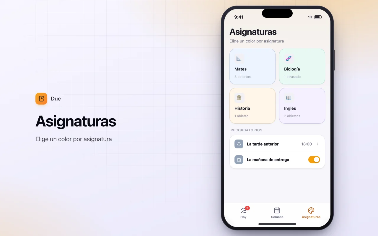 Agenda de deberes: la pantalla Asignaturas