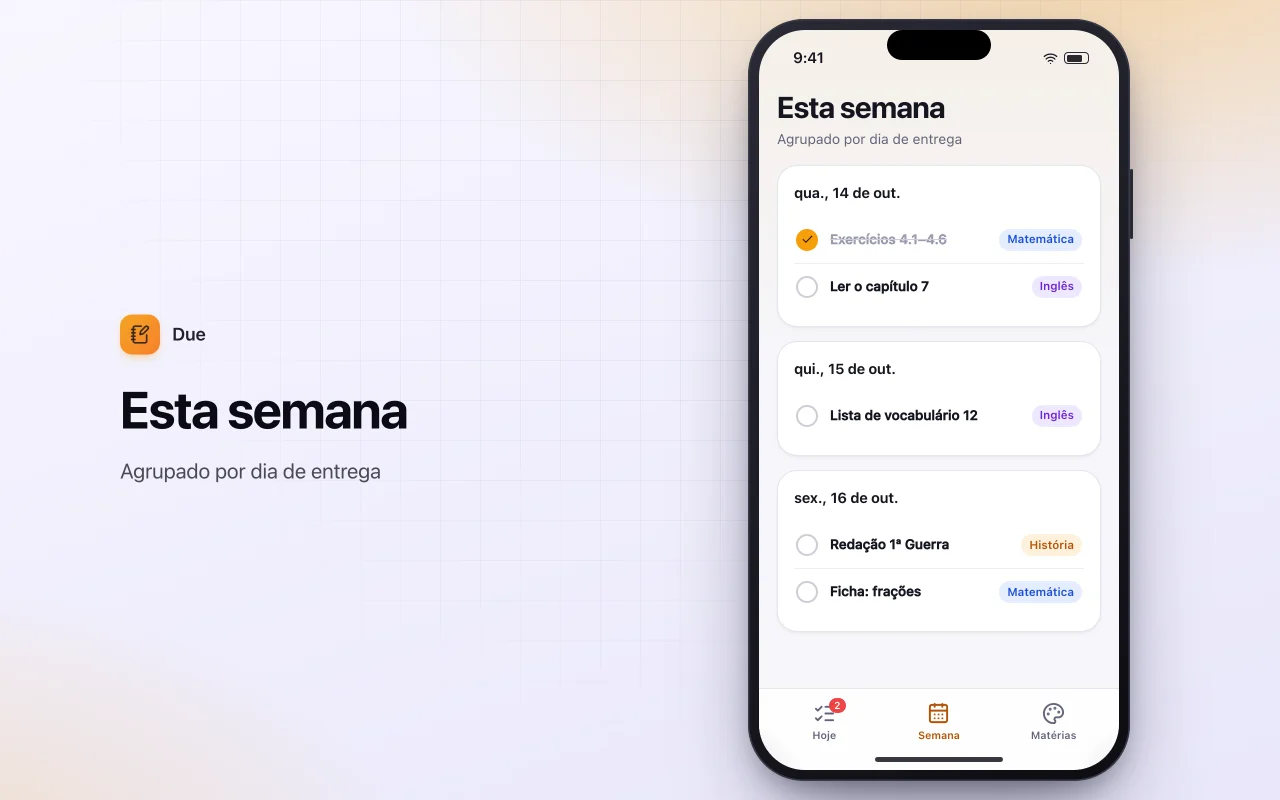 Agenda de tarefas escolares: a tela Esta semana