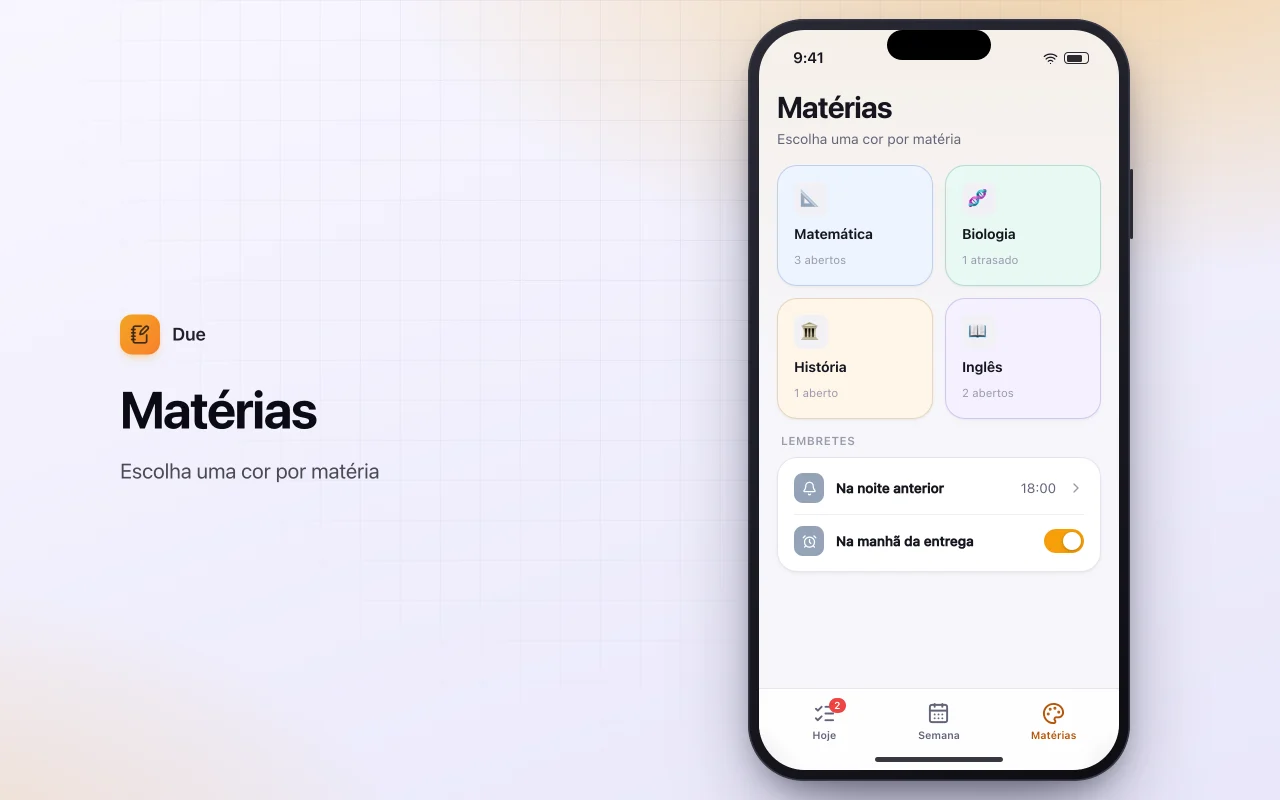 Agenda de tarefas escolares: a tela Matérias