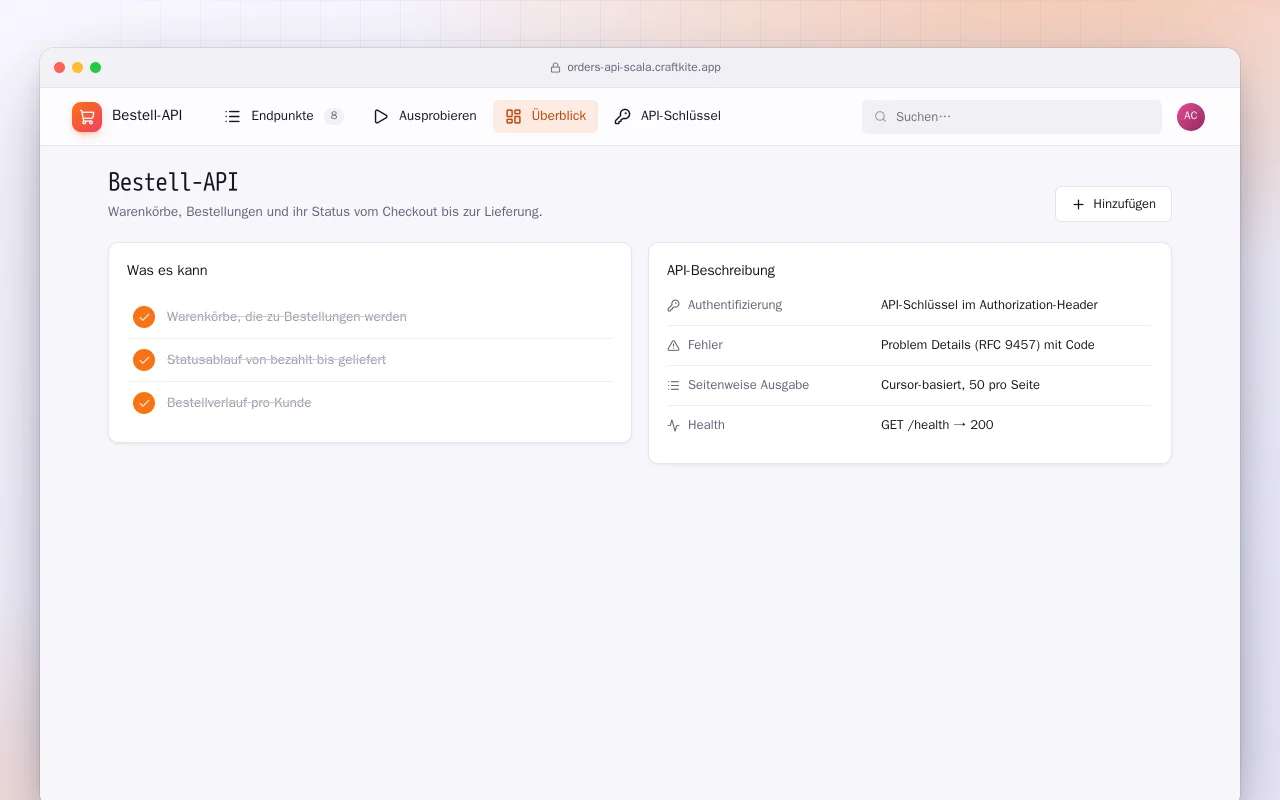 Bestell-API (Scala): der Bildschirm „Bestell-API“