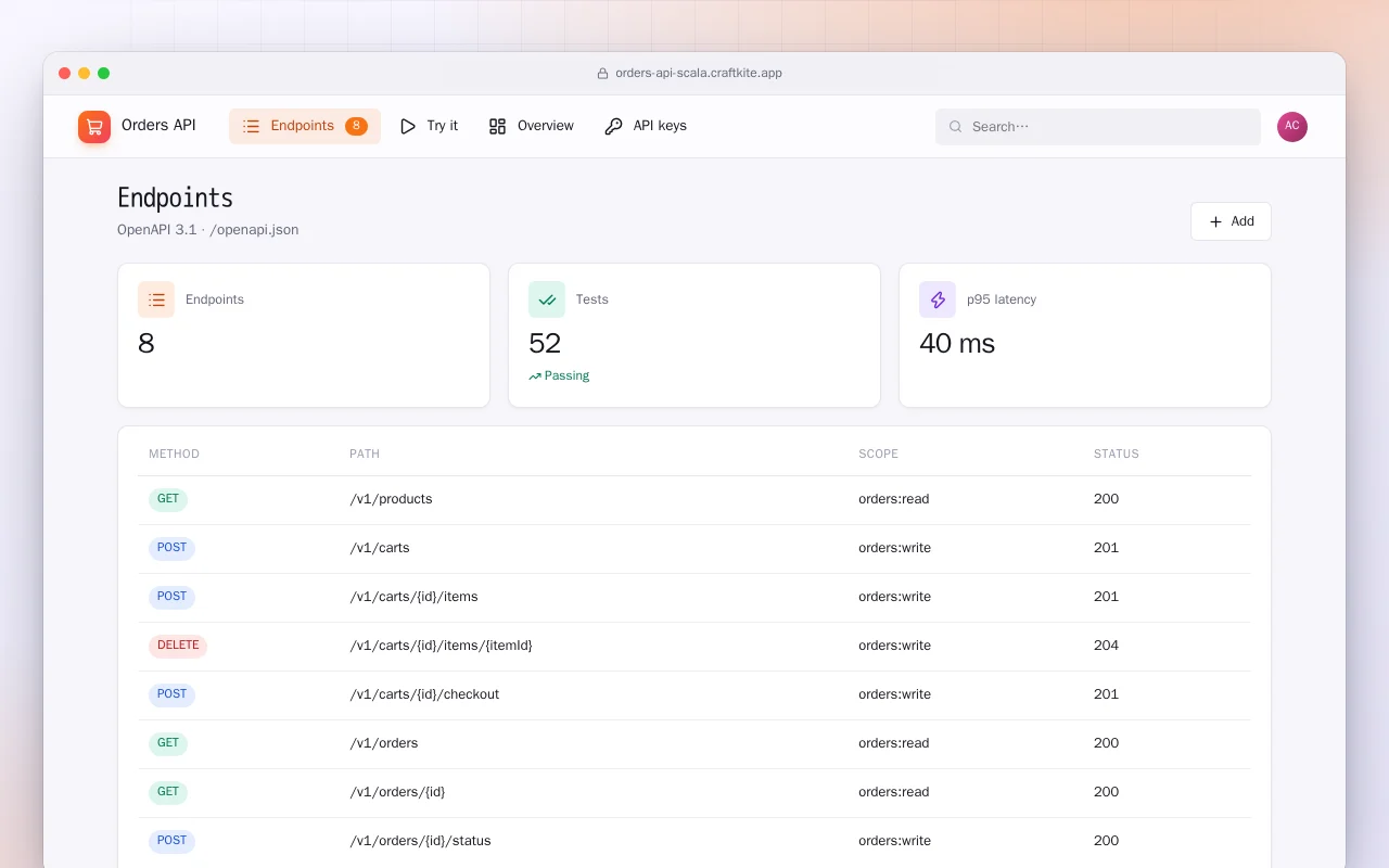 Orders API (Scala): the Endpoints screen
