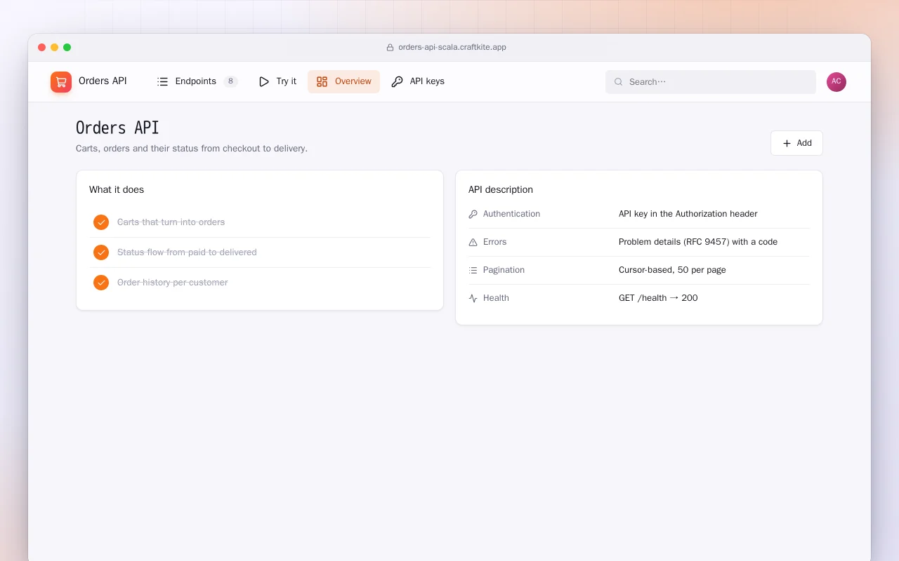 Orders API (Scala): the Orders API screen