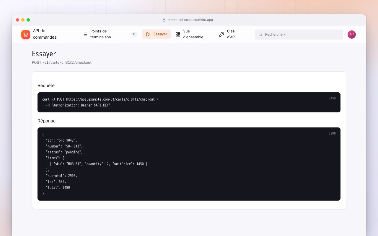 API de commandes (Scala) : l’écran Essayer