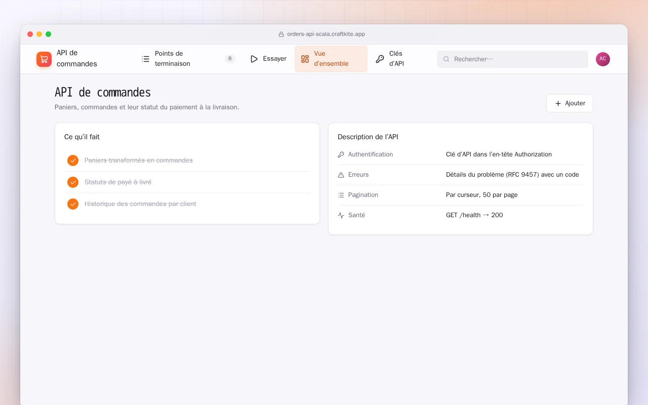 API de commandes (Scala) : l’écran API de commandes