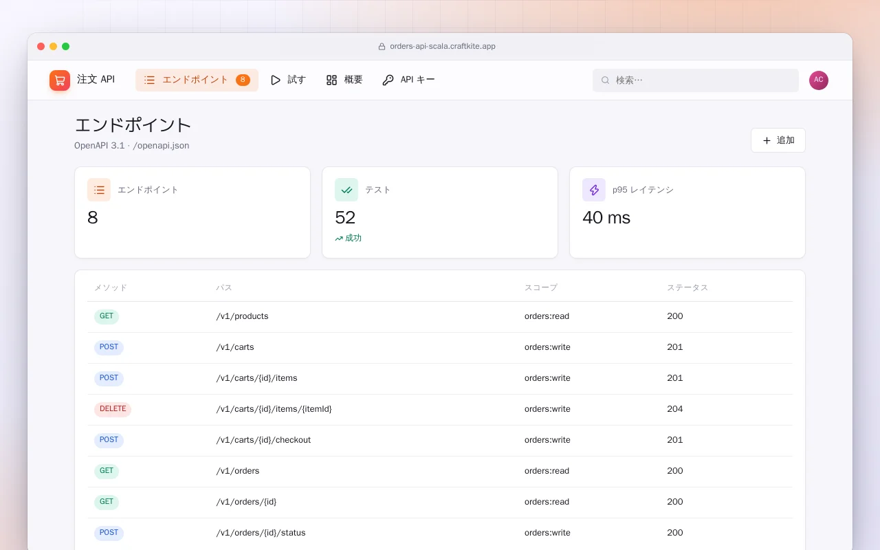 注文 API（Scala）：エンドポイント画面