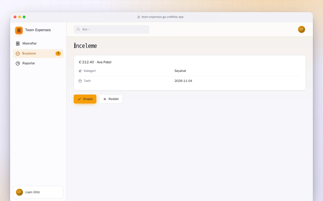 Ekip Harcamaları (Go): İnceleme ekranı