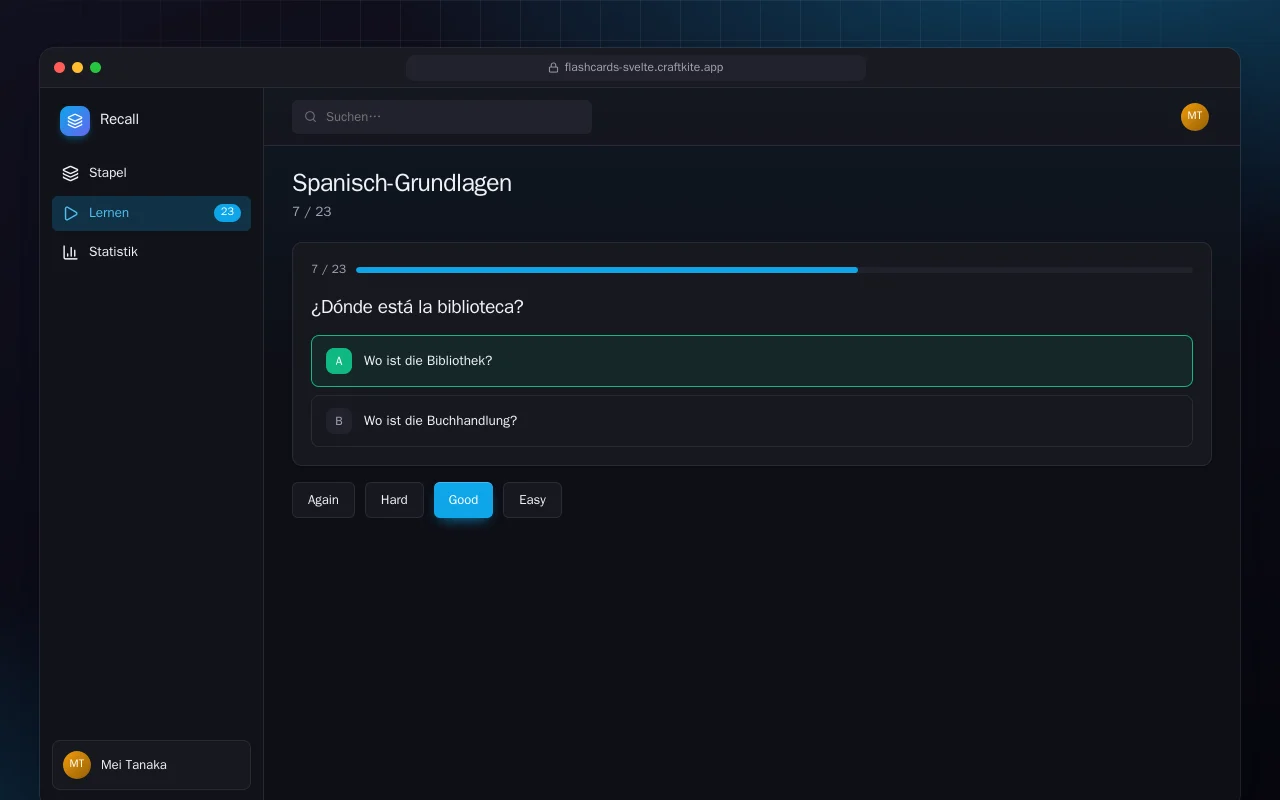 Karteikarten-Trainer (SvelteKit): der Bildschirm „Spanisch-Grundlagen“