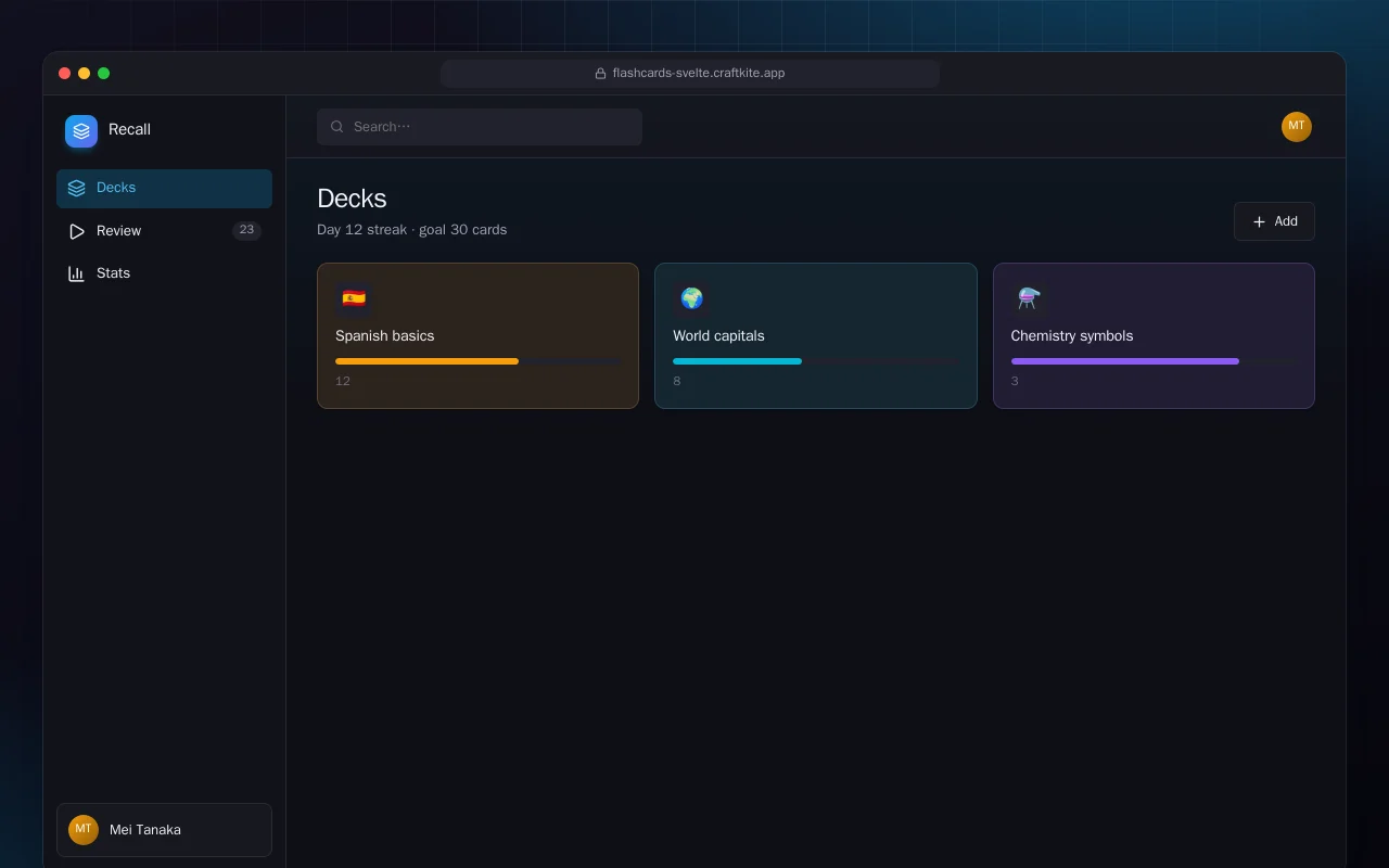 Flashcard Trainer (SvelteKit): the Decks screen
