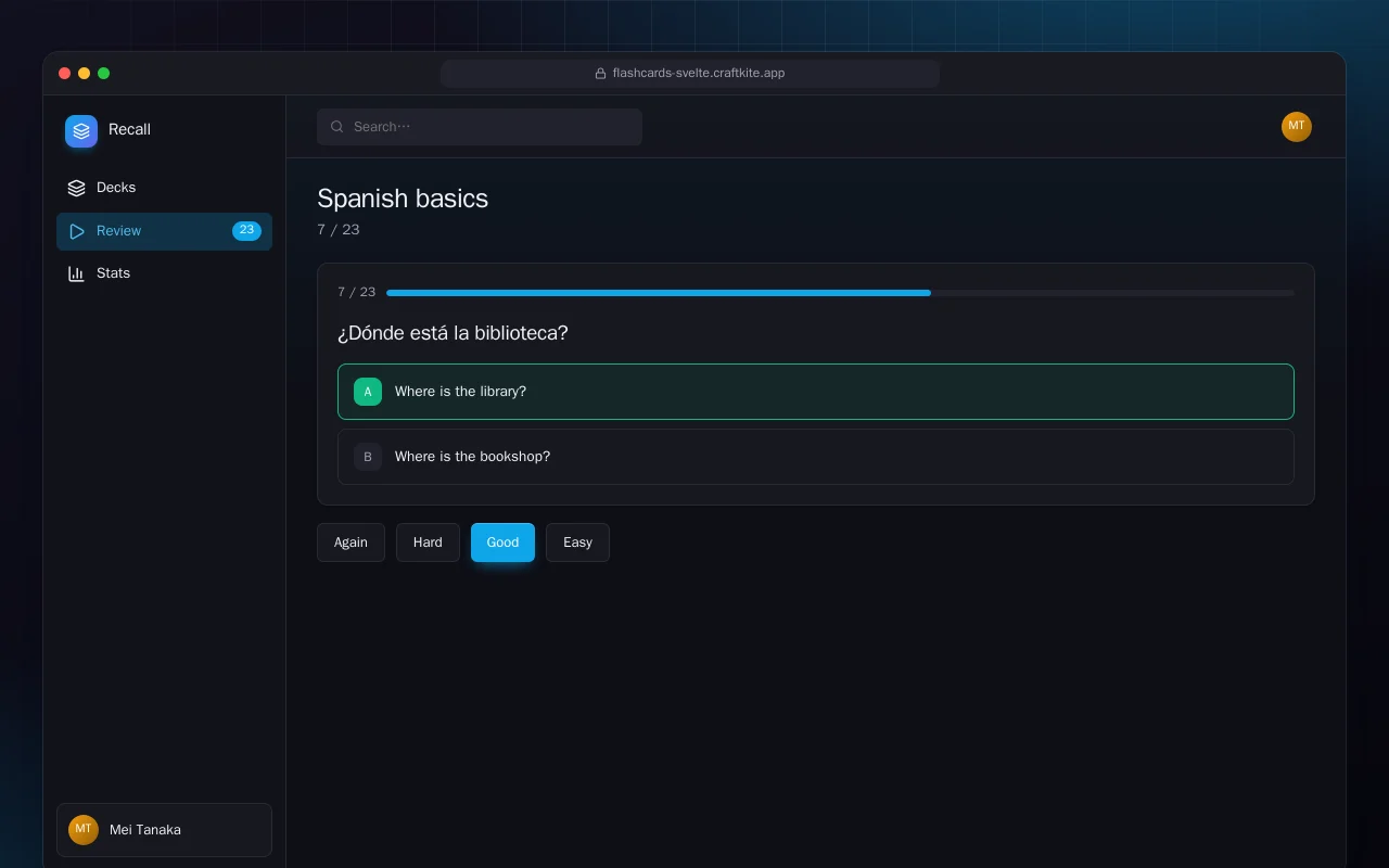 Flashcard Trainer (SvelteKit): the Spanish basics screen