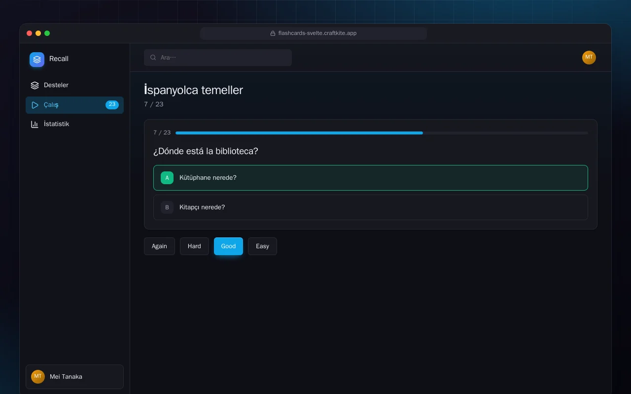 Bilgi Kartı Çalıştırıcı (SvelteKit): İspanyolca temeller ekranı