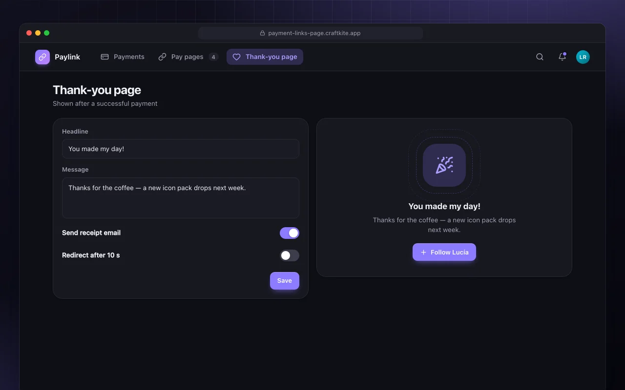 Payment links page: the Thank-you page screen