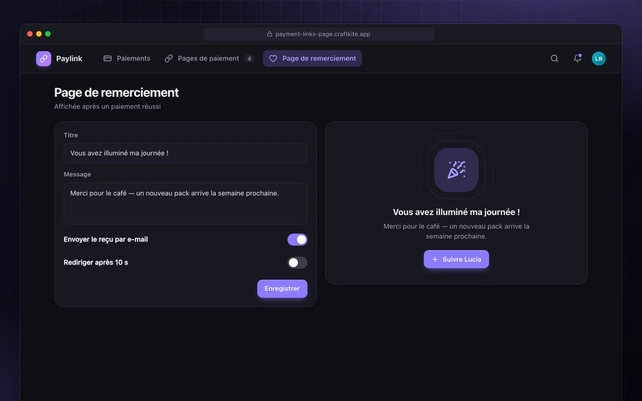 Page de liens de paiement : l’écran Page de remerciement