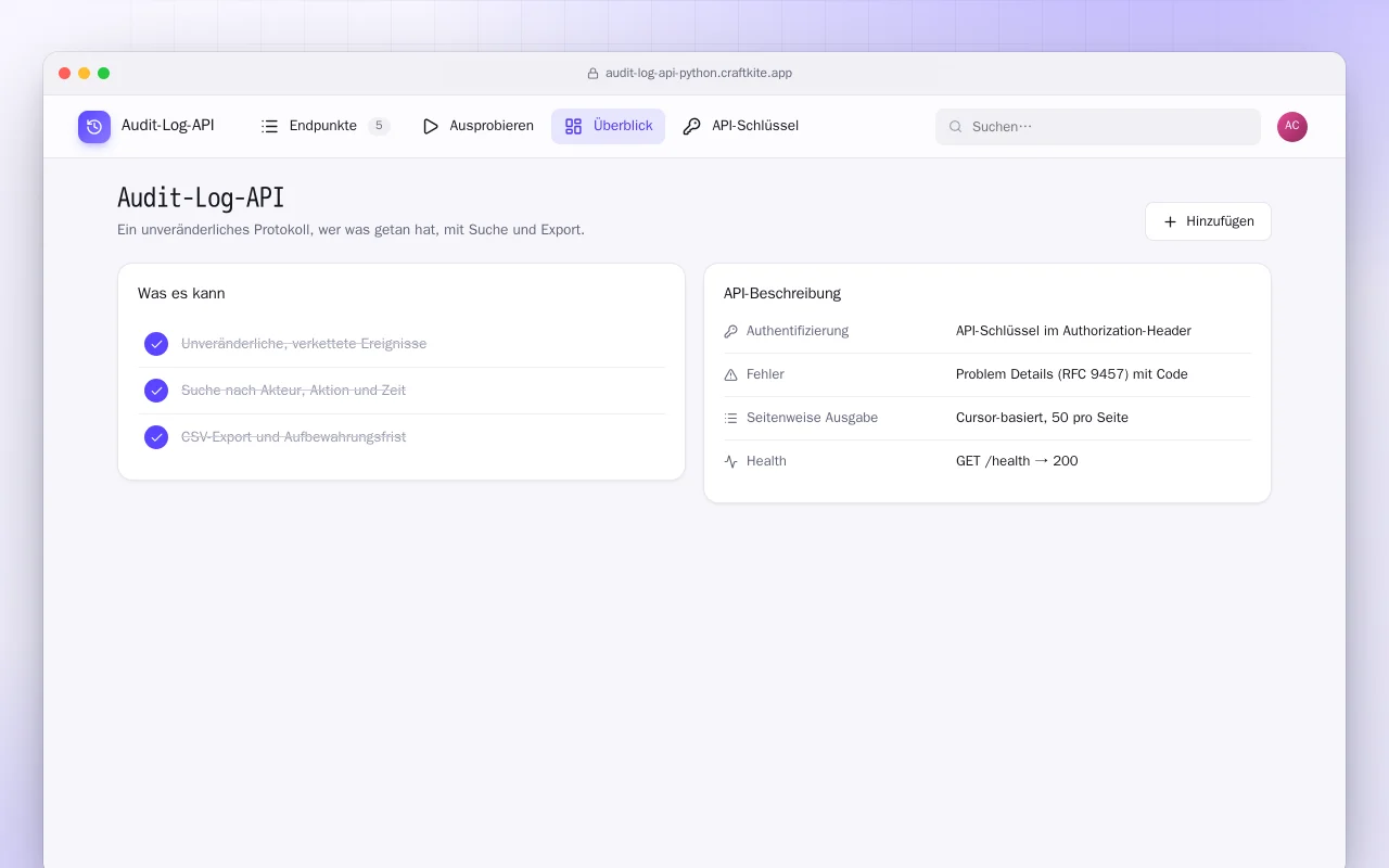 Audit-Log-API (Python): der Bildschirm „Audit-Log-API“
