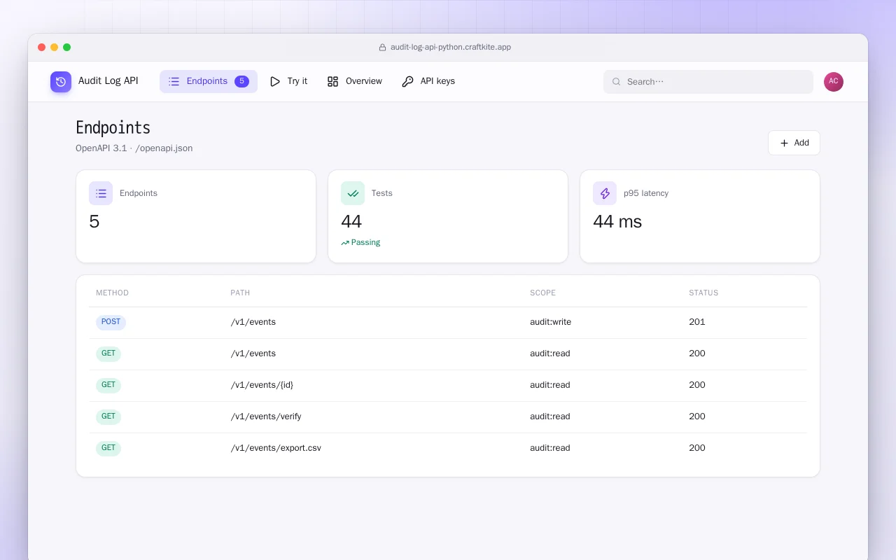 Audit Log API (Python): the Endpoints screen