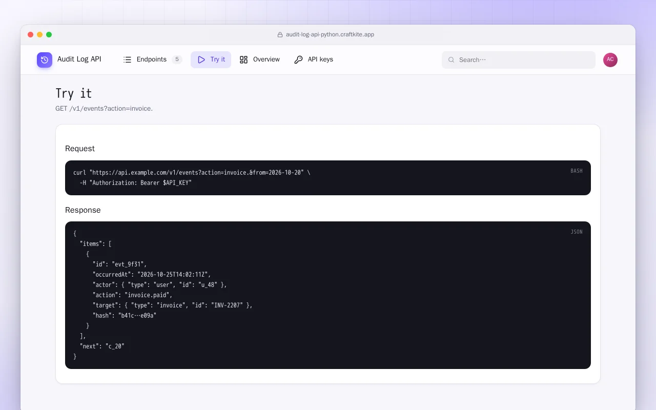 Audit Log API (Python): the Try it screen