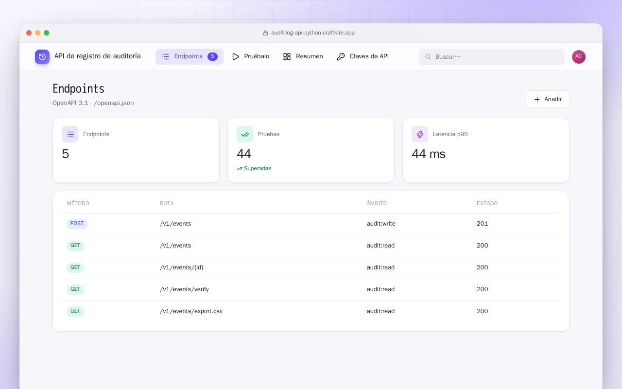 API de registro de auditoría (Python): la pantalla Endpoints