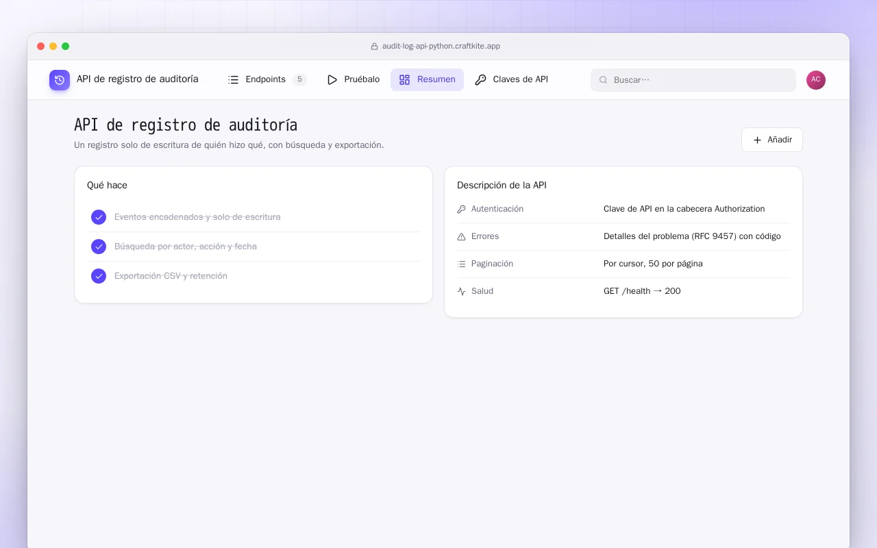 API de registro de auditoría (Python): la pantalla API de registro de auditoría