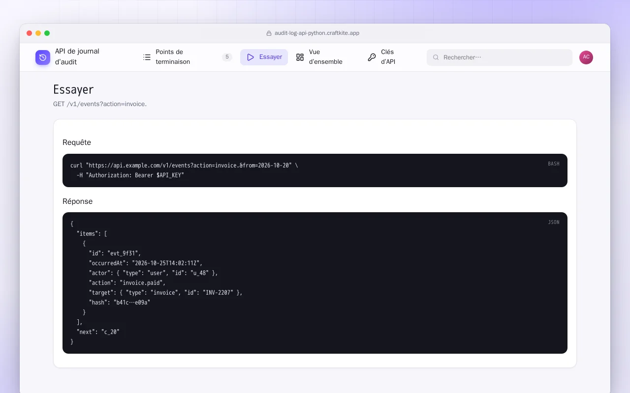 API de journal d’audit (Python) : l’écran Essayer