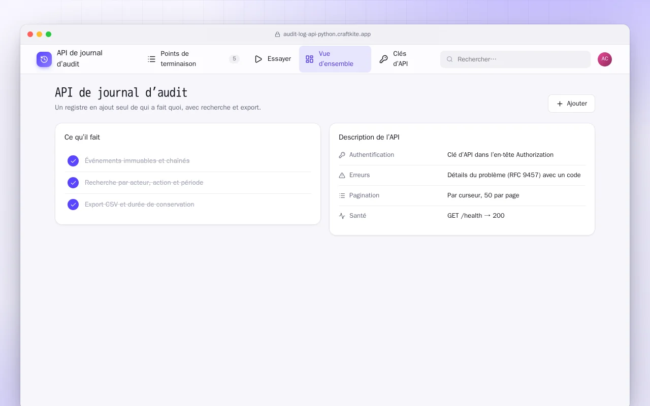 API de journal d’audit (Python) : l’écran API de journal d’audit