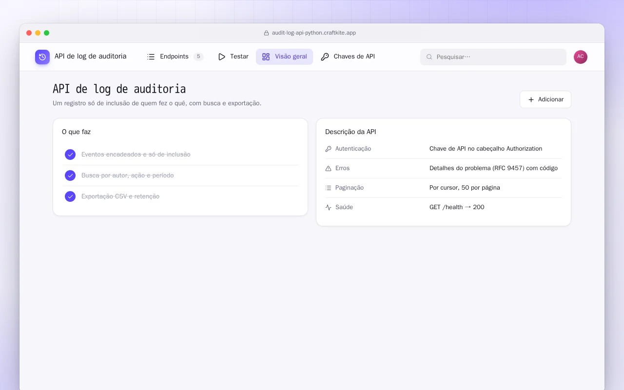 API de log de auditoria (Python): a tela API de log de auditoria