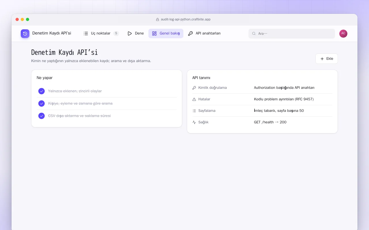 Denetim Kaydı API’si (Python): Denetim Kaydı API’si ekranı